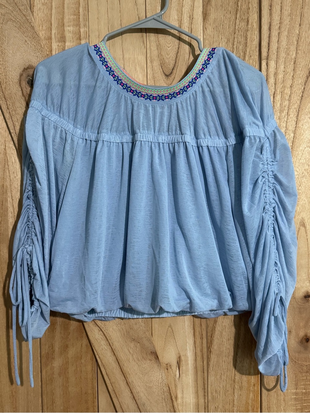 FP Movement by Free People Sky Blue Embroidered Peasant Blouse